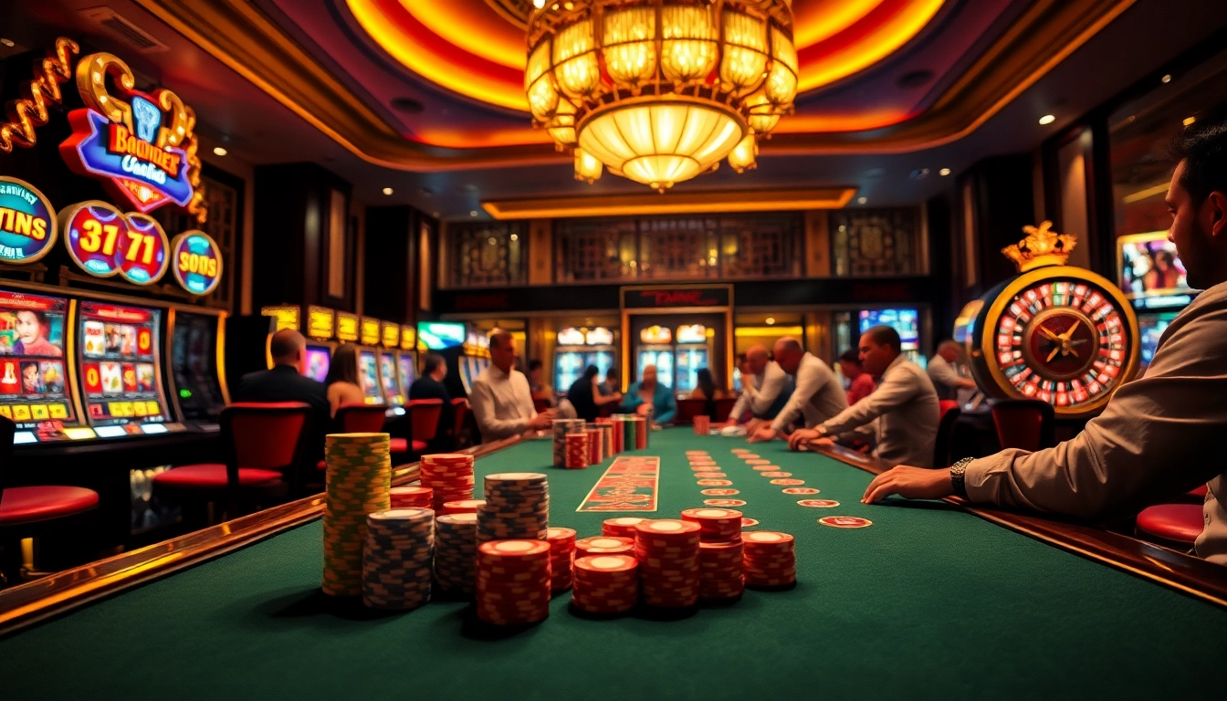 Experience intense gameplay at https://bem88.com with vibrant casino elements like poker chips and slot machines.