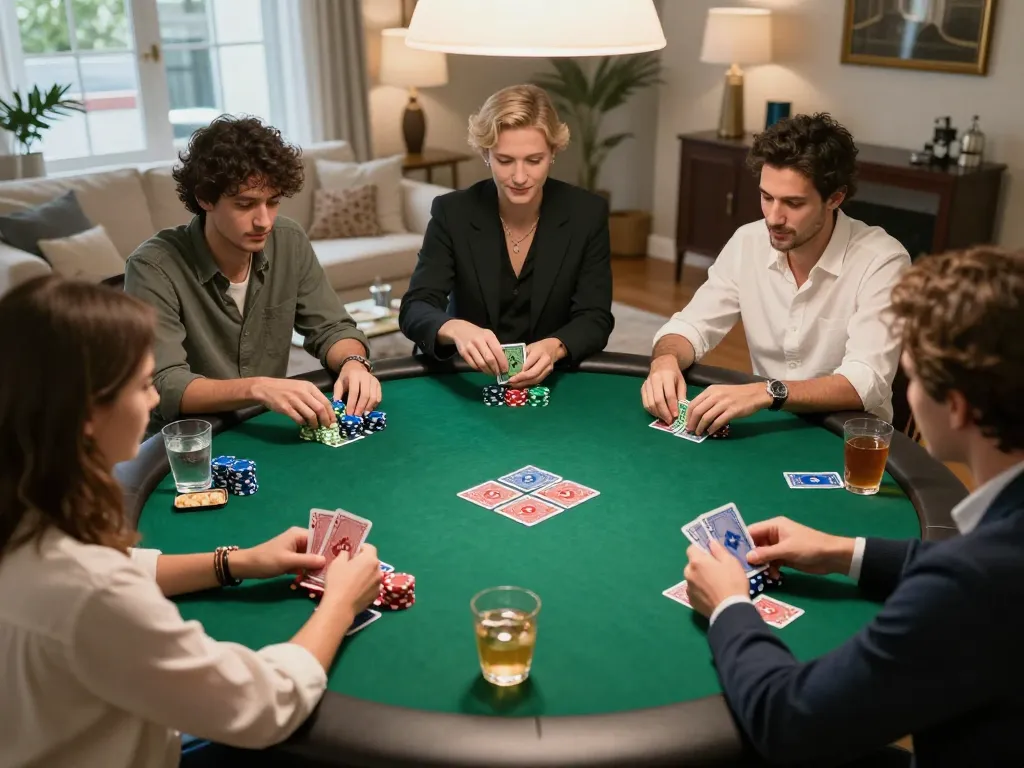 Play poker with friends during an engaging game bài đổi thưởng night, showcasing lively interactions and snacks.