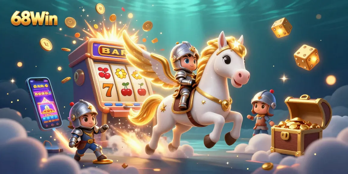 Experience the excitement of 68Win with a dynamic 3D illustration of slots and gaming action.