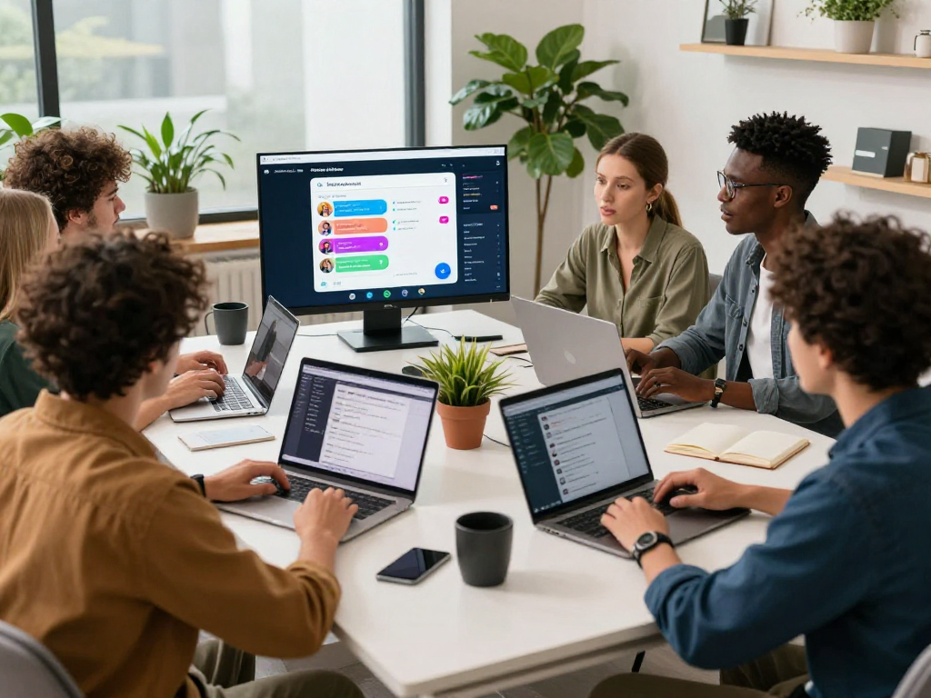 Team collaborating on spicychat features in a modern office environment