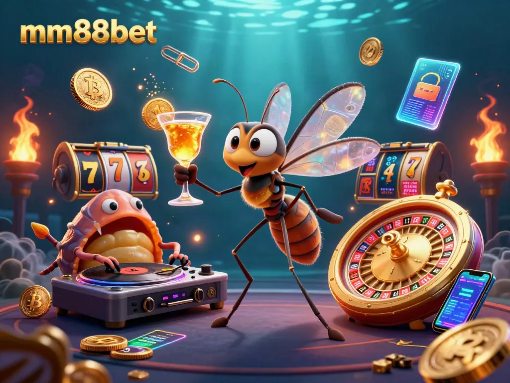 Engage in exciting gameplay with mm88bet, featuring a dynamic casino scene with 3D characters and crypto elements.