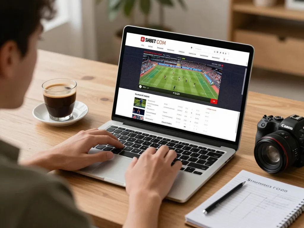 Engaging with sports betting on SHBET COM through a laptop with strategy notes in a cozy setting