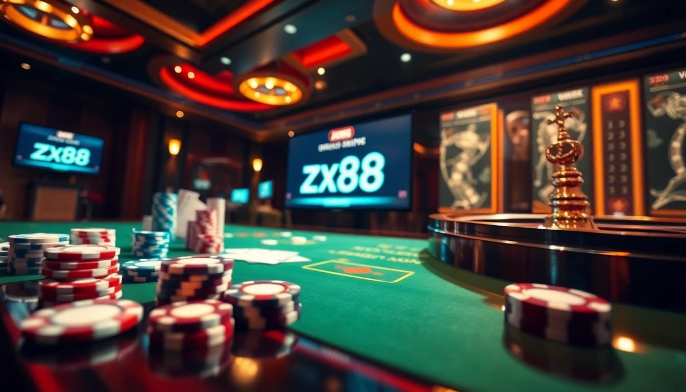 Experience zx88 đăng nhập with vibrant casino visuals featuring poker chips, cards, and a roulette wheel.