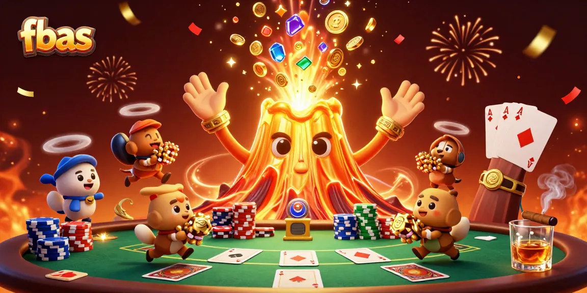 Experience exciting gameplay at fbas with a triumphant volcano and treasure-filled scene.