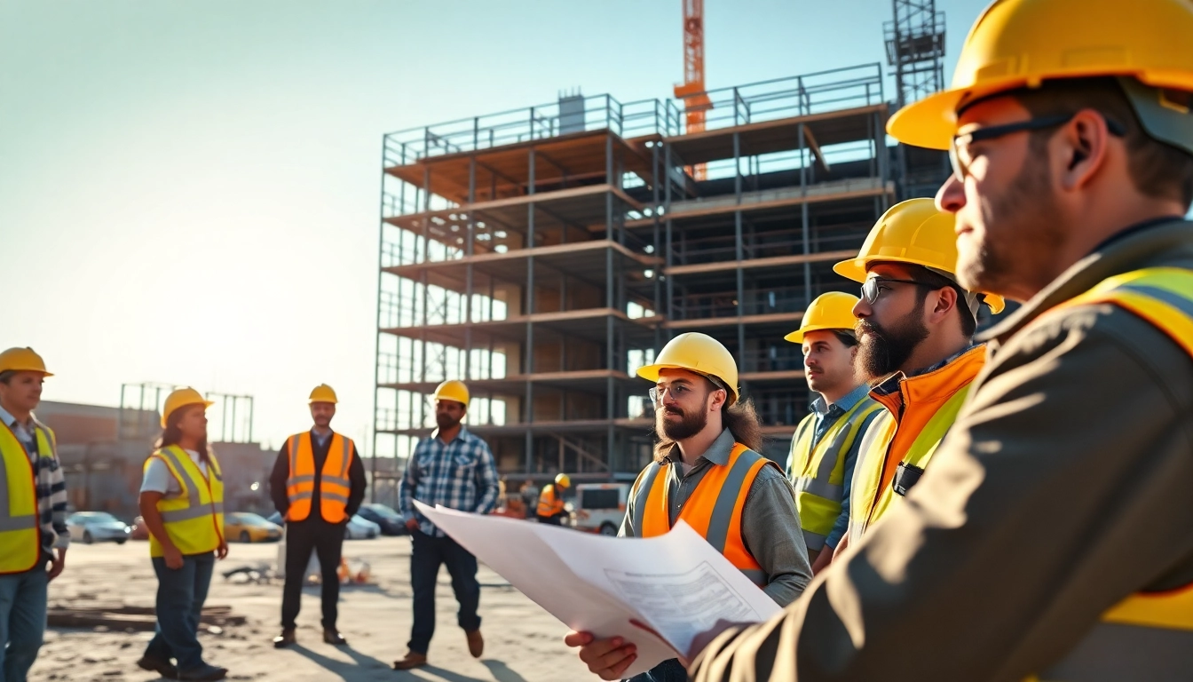 New York Commercial General Contractor engaging with a construction team on site, demonstrating teamwork.