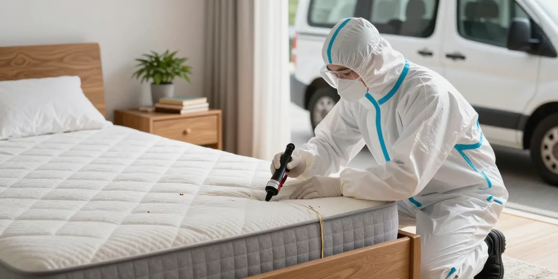 bed bug exterminators inspecting a bedroom for infestations with a professional approach