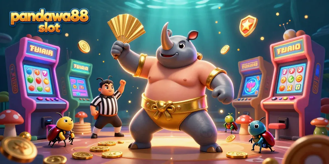 Experience thrilling gameplay with pandawa88 slot, featuring a dynamic scene of a rhinoceros beetle champion and colorful slot elements.