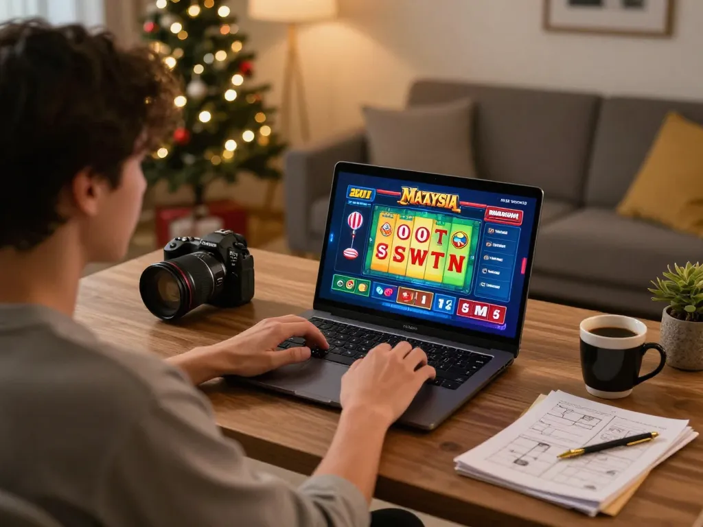 Engaged player enjoying Slot Malaysia games on a laptop in a cozy home setting, showcasing online gambling excitement.