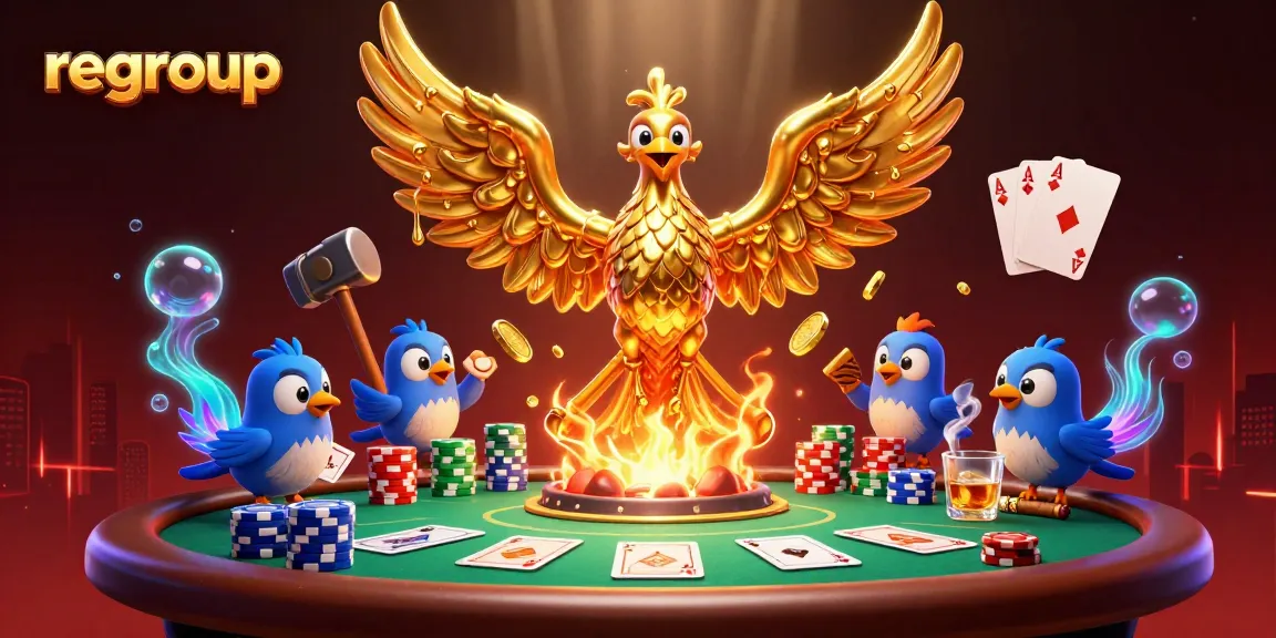 Regroup your winnings with the dynamic golden phoenix and poker action in this vibrant casino scene.