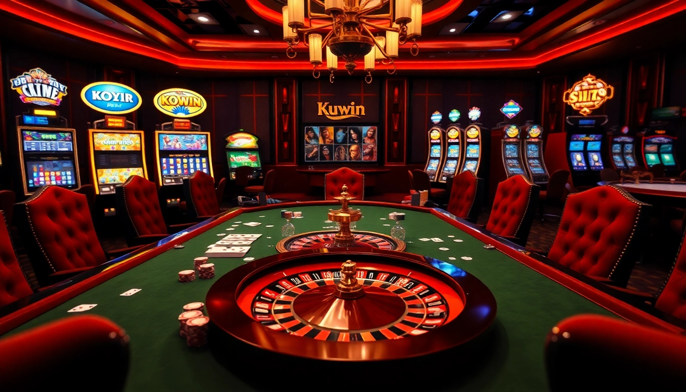 Kuwin casino tables with poker chips and a roulette wheel in an elegant setting.