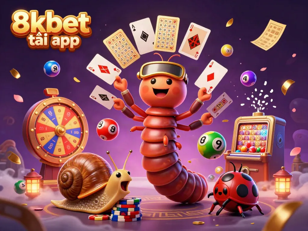 Engage with the 8xbet tải app as a lively 3D scene with a cartoon millipede dealer and vibrant game elements.