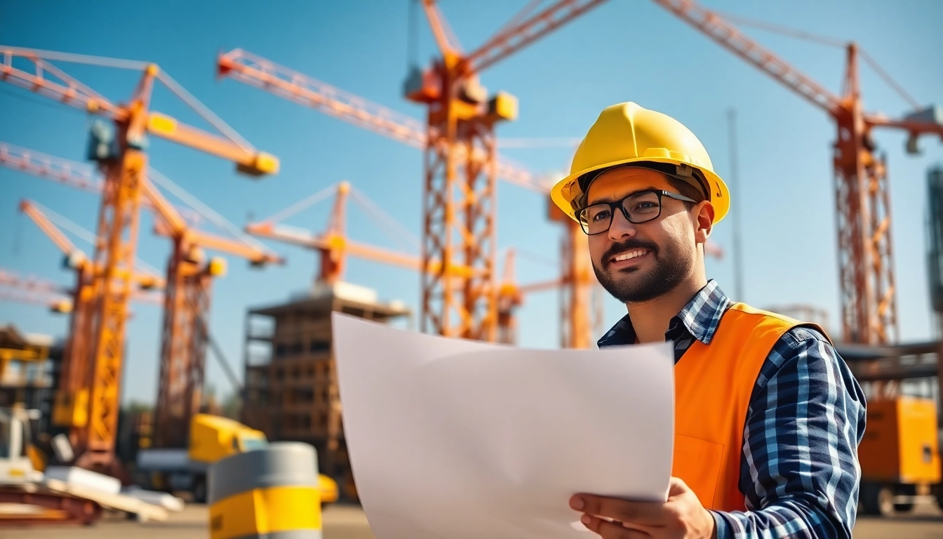 New Jersey Construction Manager supervising a construction site with blueprints.