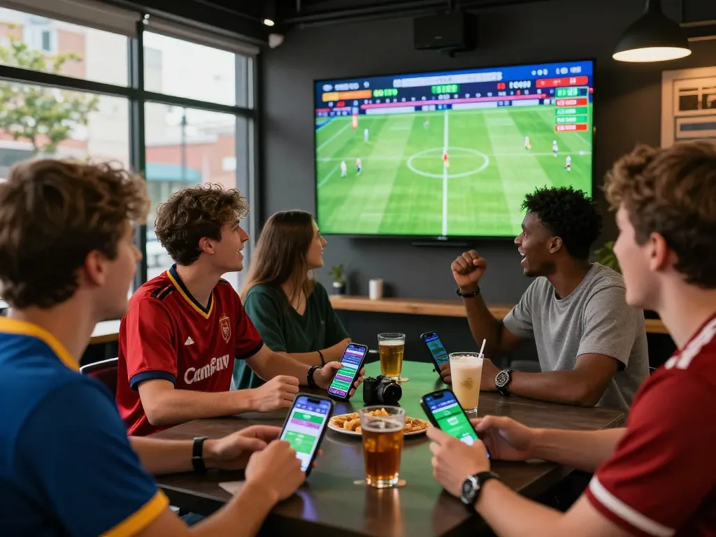 Excited young adults engaging with trang cá cược bóng đá at a lively sports bar, cheering for live football.