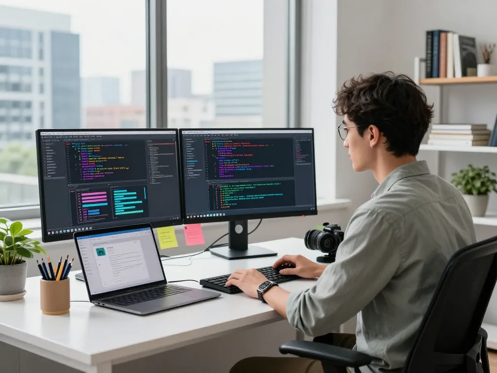 Spicy AI research workspace with a developer coding innovative applications in a modern office environment.