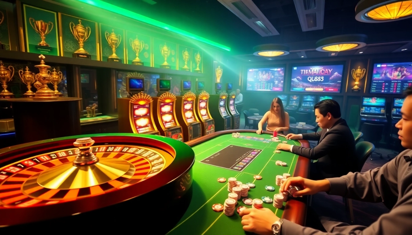 Intense gaming action at Nhà Cái QQ88 with players at poker tables and vibrant slot machines.