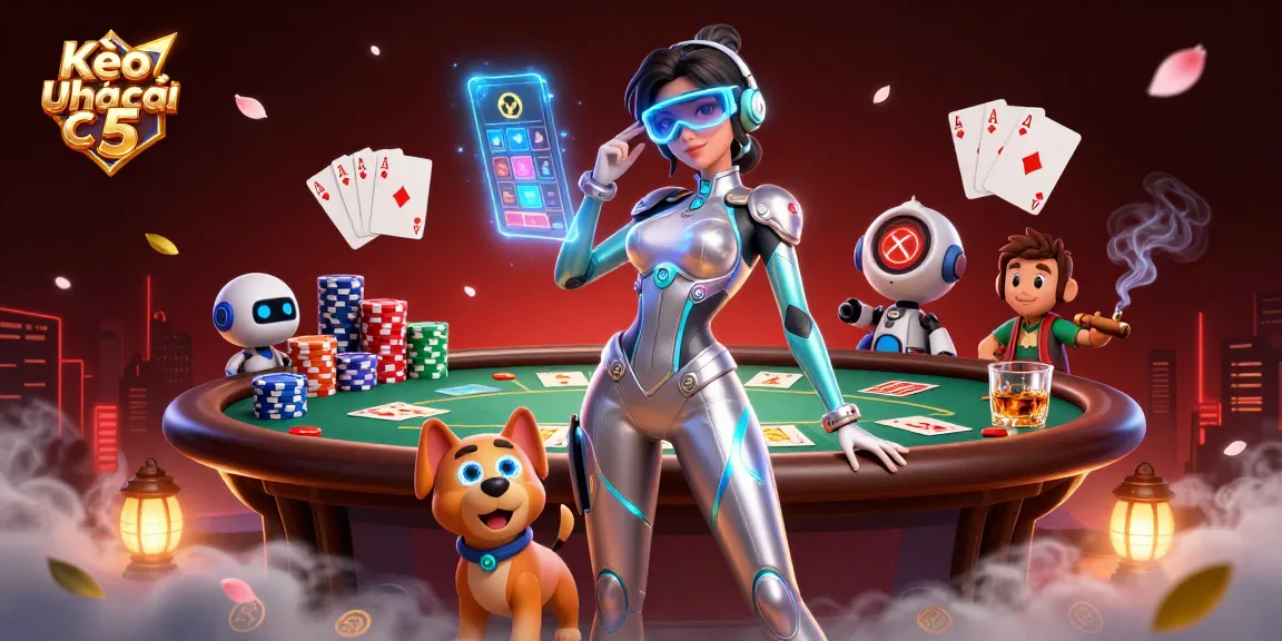 Kèo nhà cái 5 showcases a dynamic sports betting scene with holographic elements and a vibrant atmosphere.