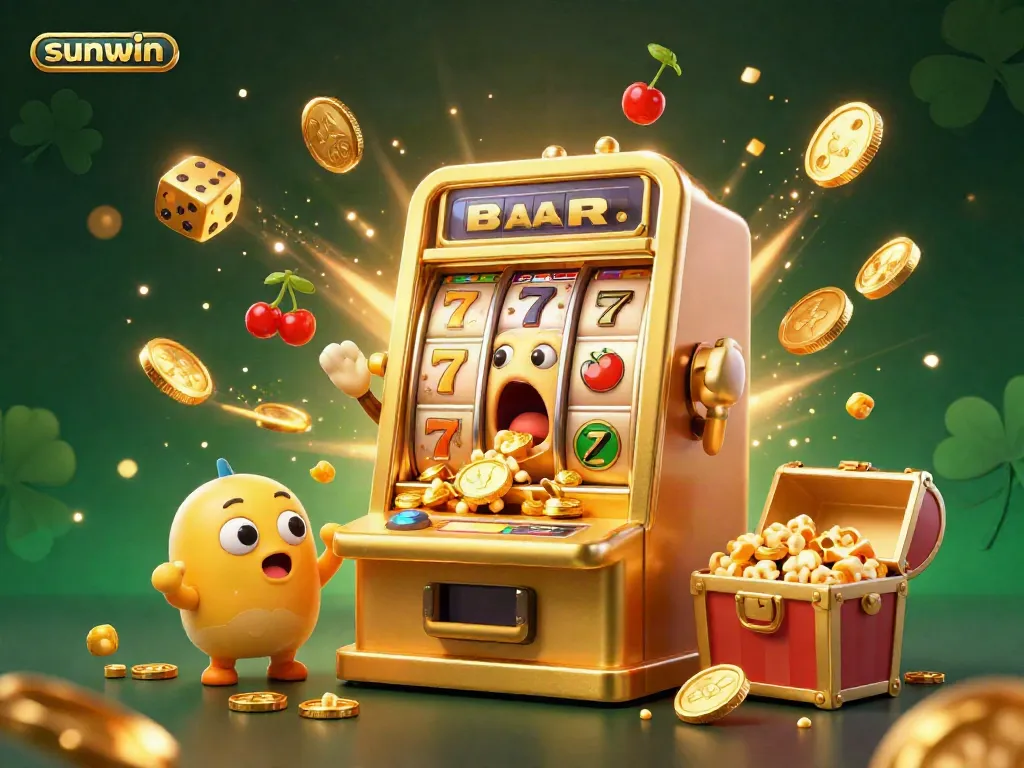 Experience thrilling wins with the sunwin slot machine, as it celebrates a jackpot with golden coins and cheering companions.