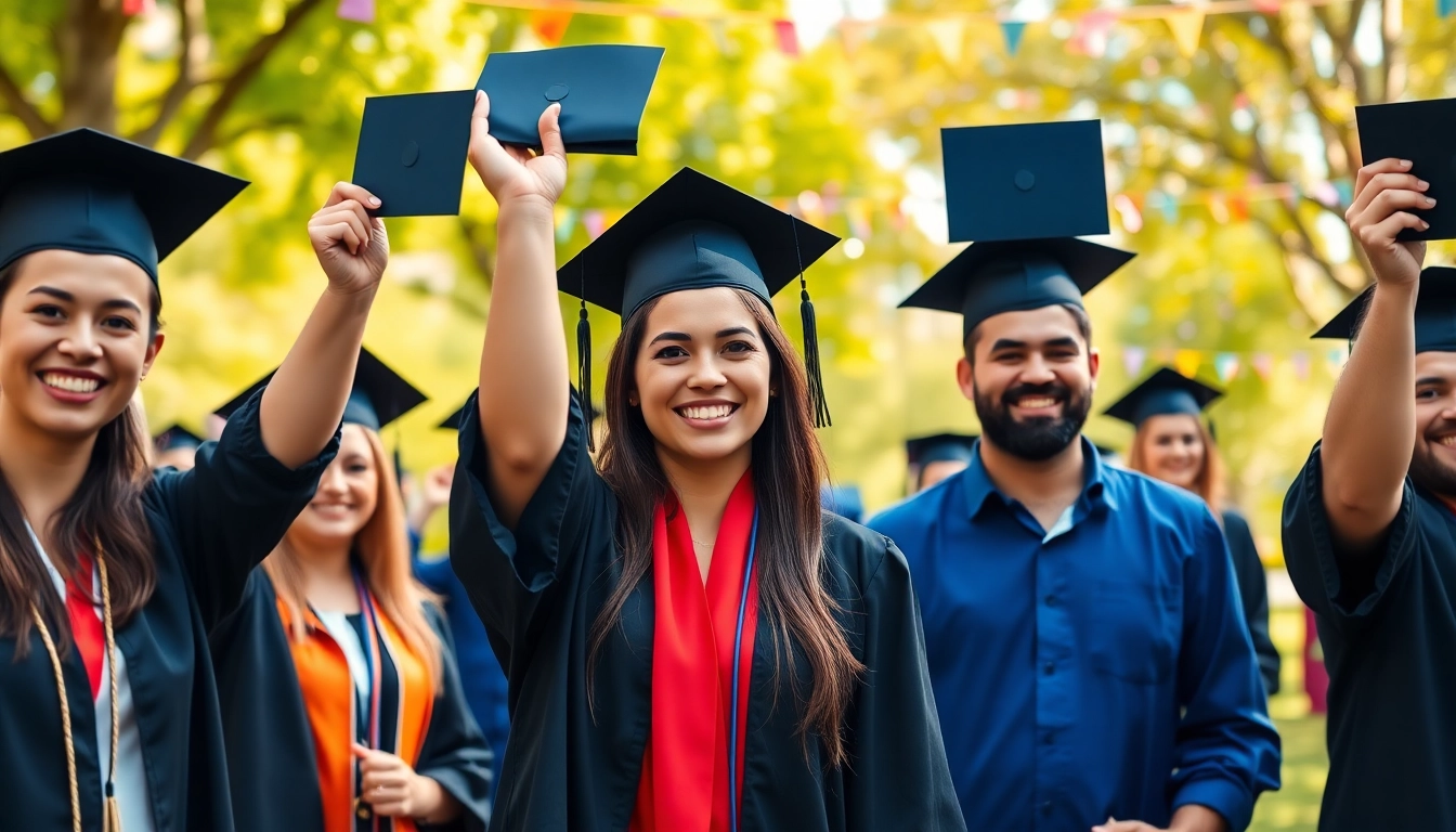 Graduates joyfully celebrating their success outdoors in vibrant caps and gowns.