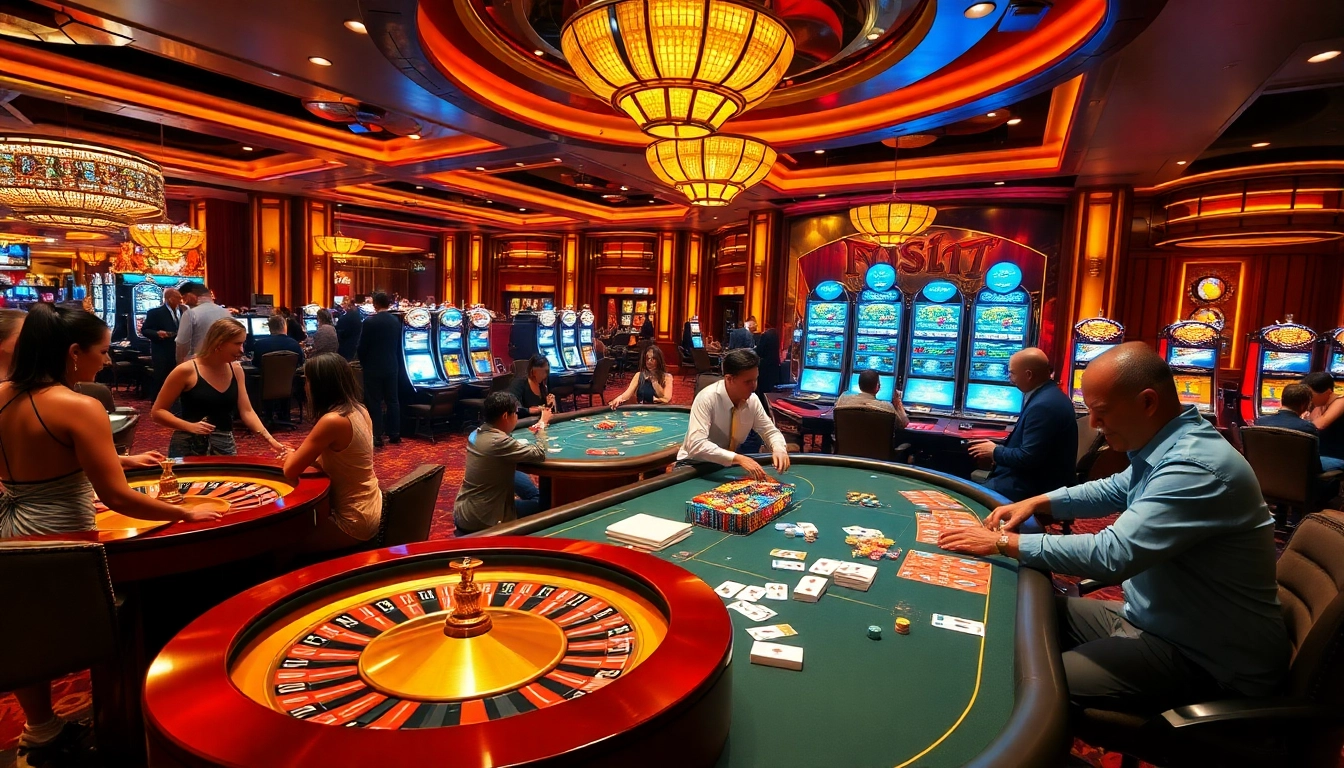 Thrilling gambling scene at 33win with vibrant casino tables and excited players.