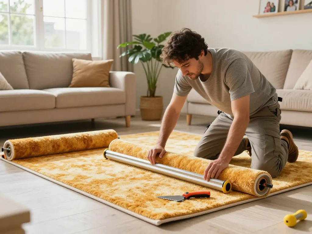 Residential carpet installation in a cozy home setting with natural lighting and vibrant colors.