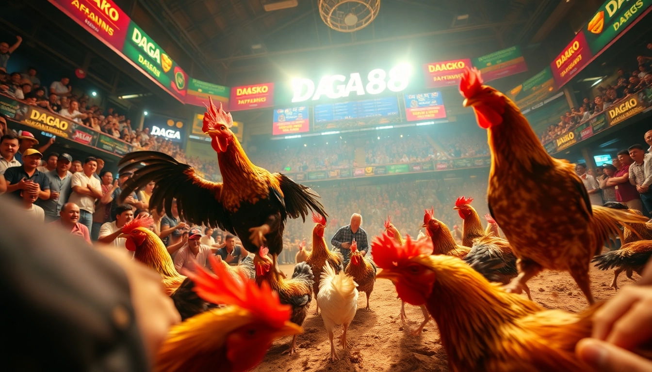Live cockfighting at dagawin.live, showcasing intense matches and an engaged audience.