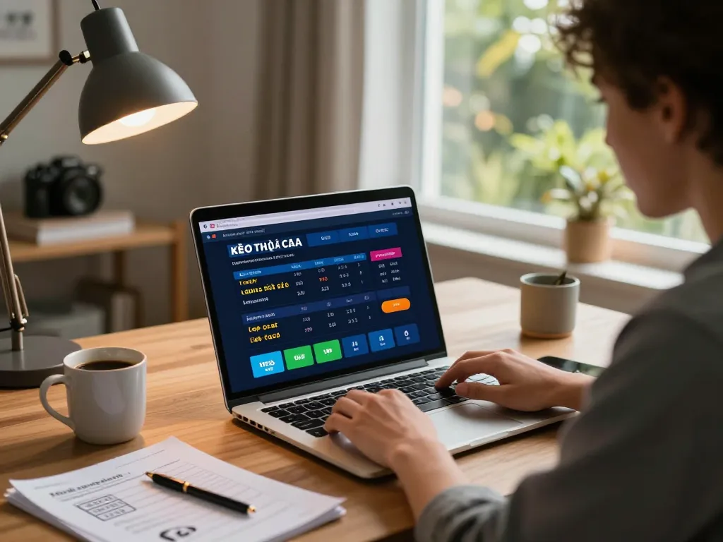 Engaging with kèo nhà cái while analyzing betting strategies at a stylish home office.