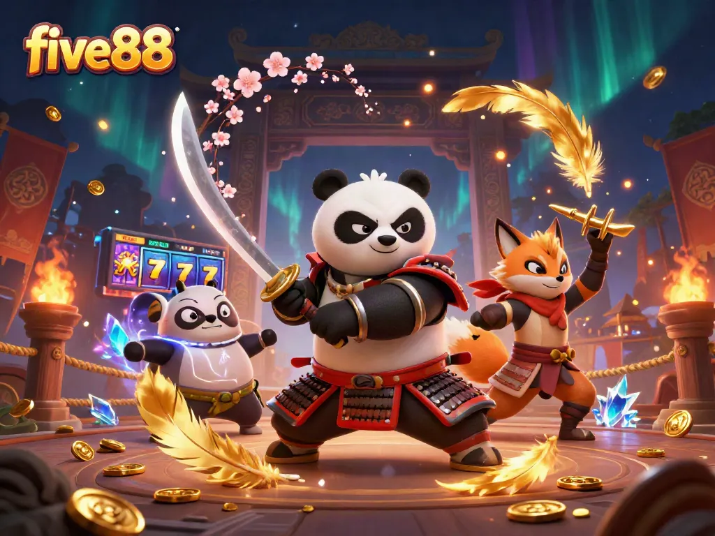 Experience thrilling action with five88 featuring a samurai panda and ninja fox in a vibrant casino scene.