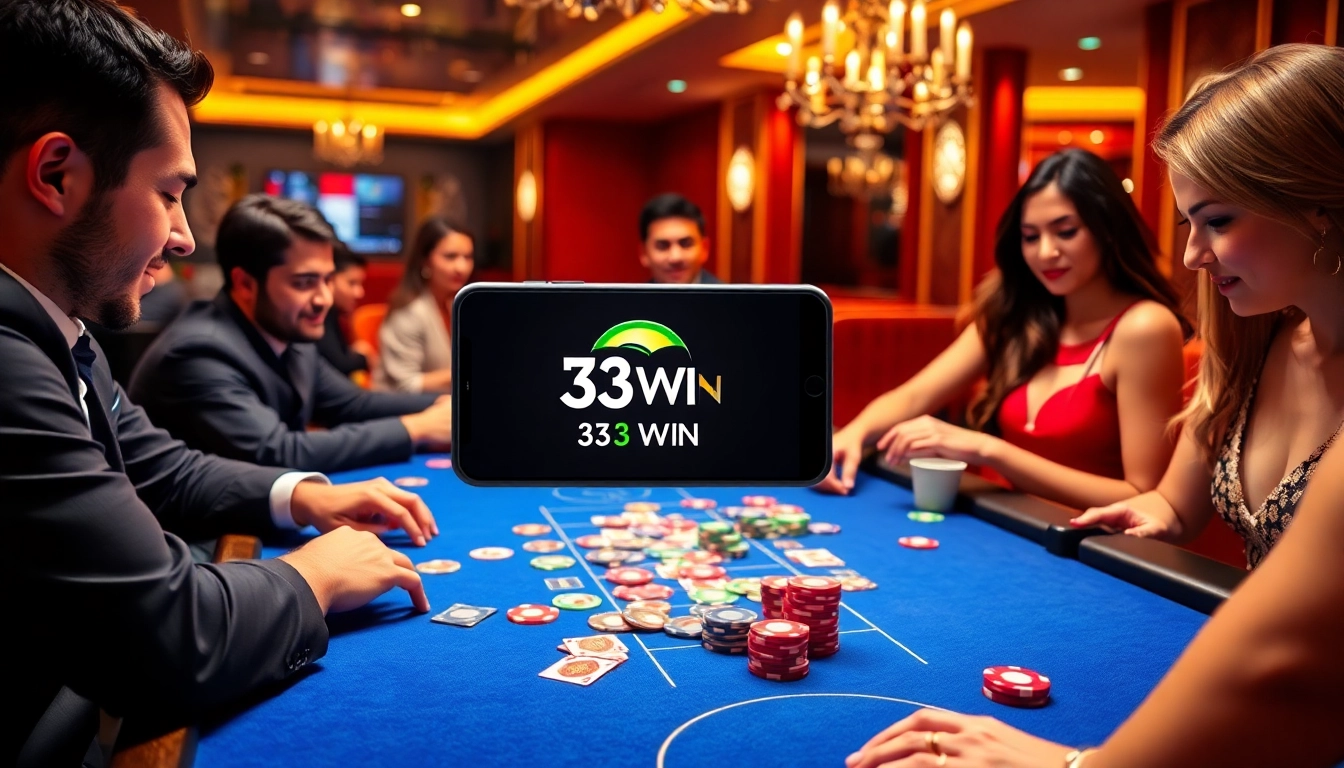 Experience the thrill of winning with 33WIN at a luxurious online casino table filled with vibrant cards and chips.