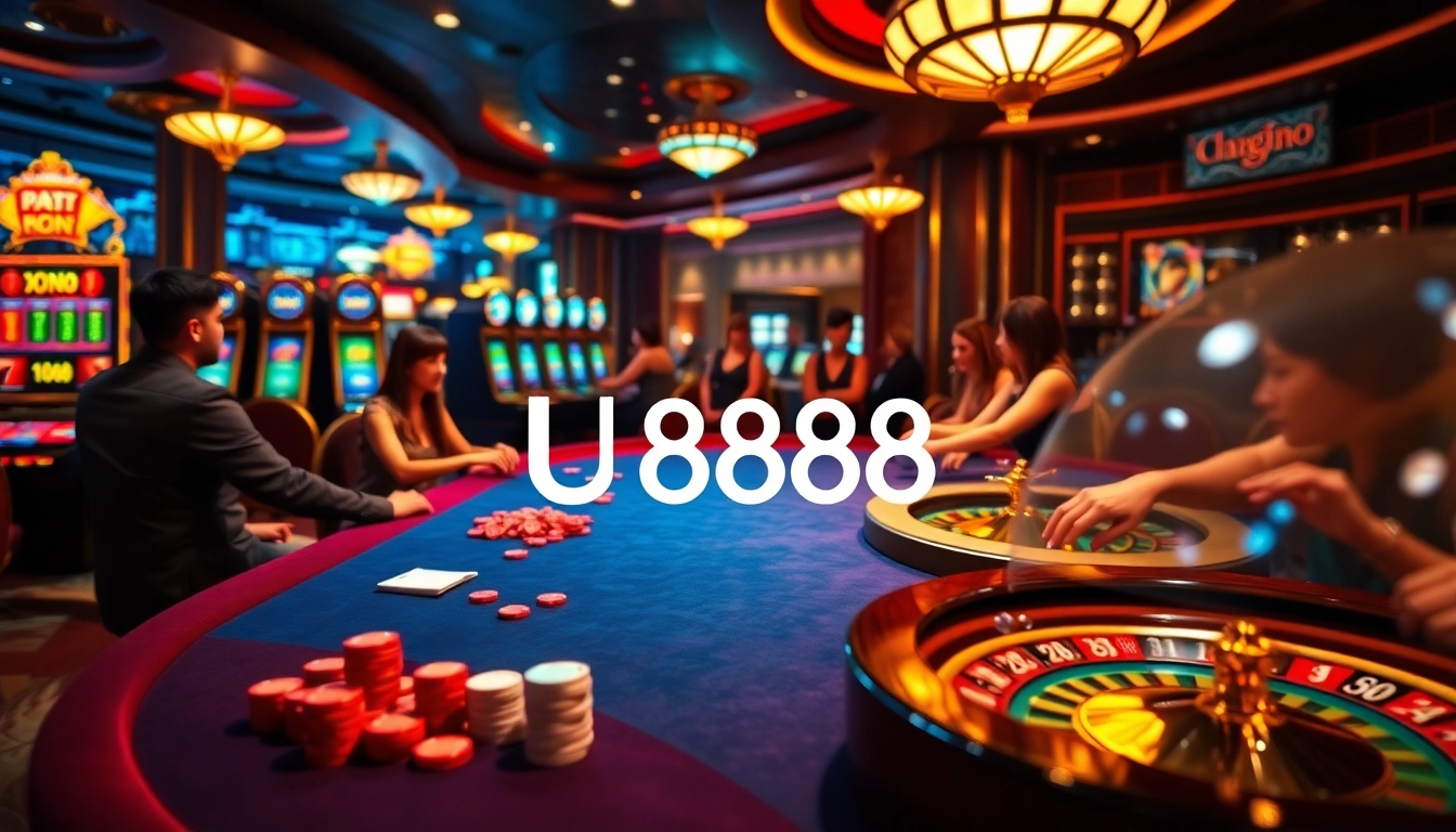 Experience the excitement of U8888 gaming with vibrant poker chips and lively roulette wheels.