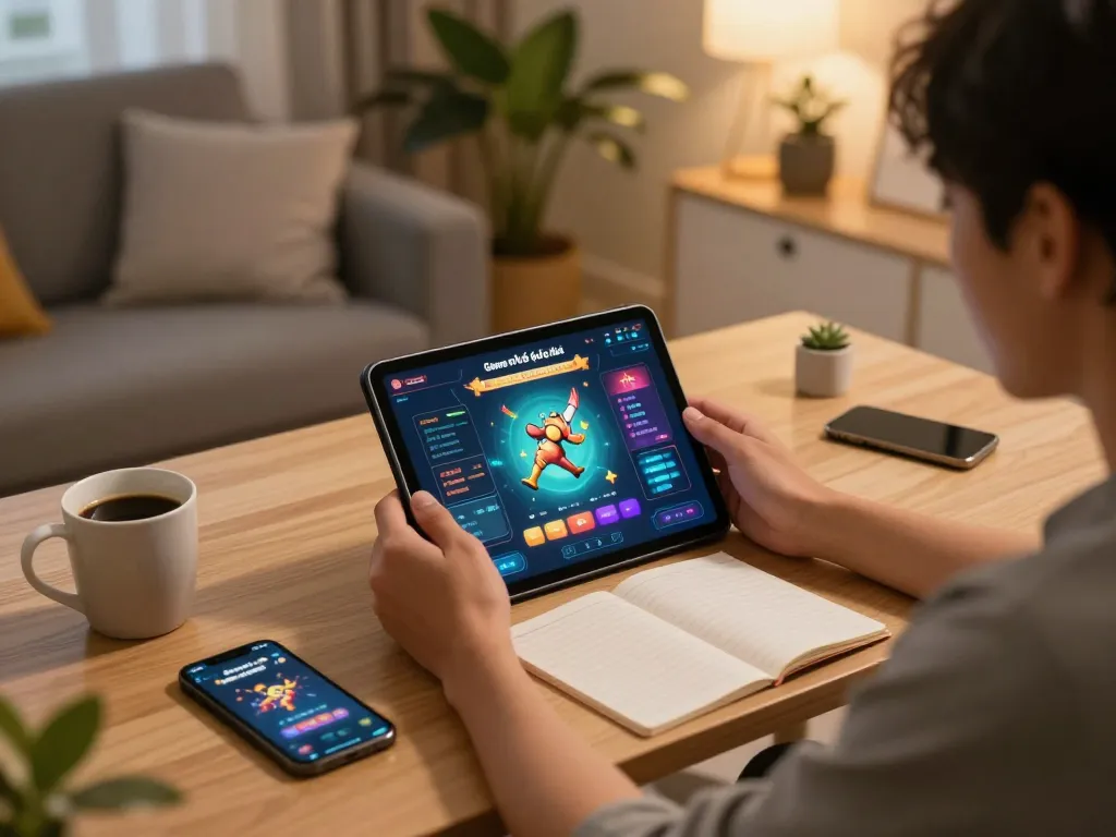 Playing Game nổ hũ đổi thưởng on a tablet at home while enjoying a cozy atmosphere