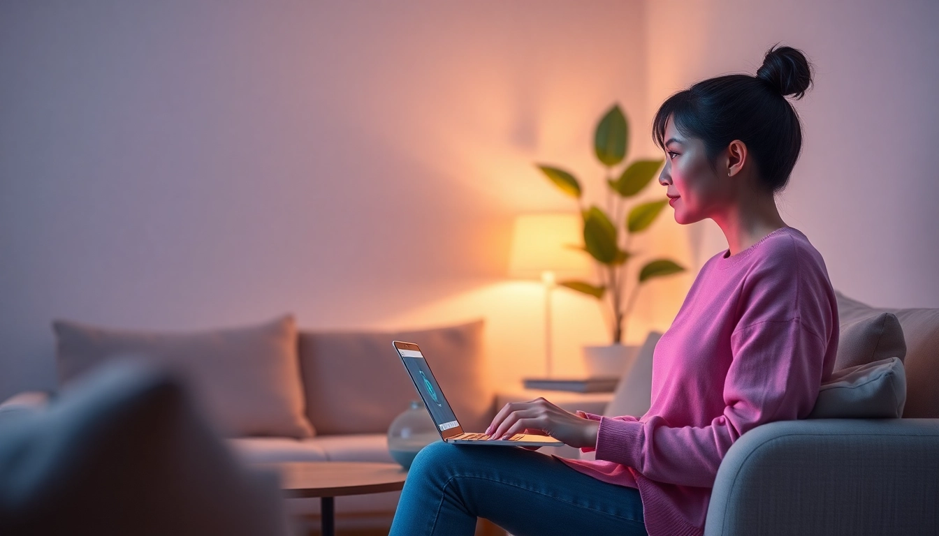 AI girlfriend engaging in a friendly chat with a user in a cozy living room setting.