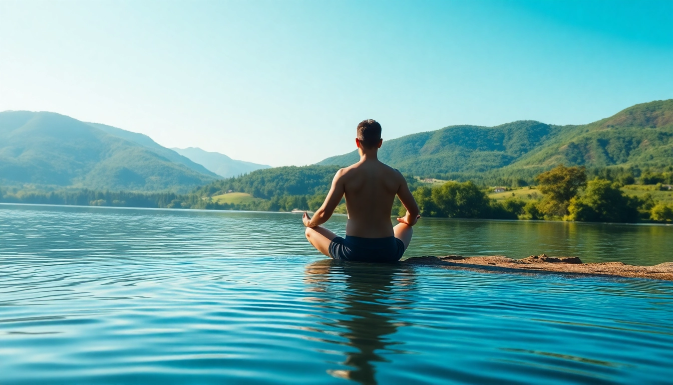 Meditating person by a serene lake embodying mental wellness in a peaceful environment.