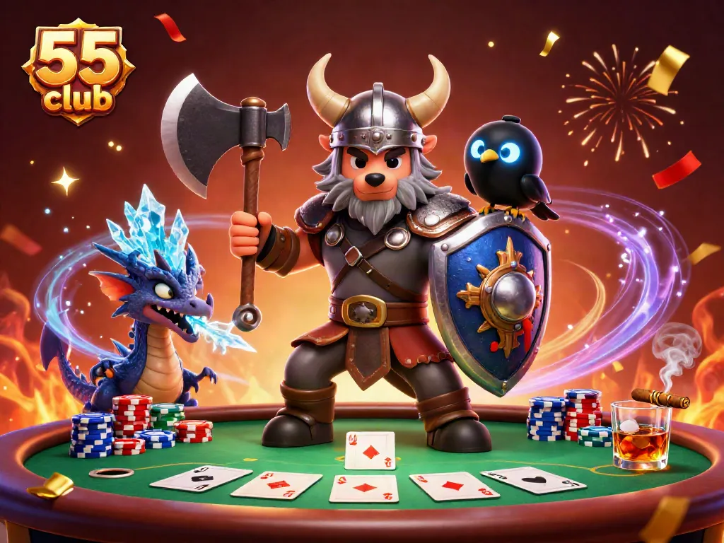 Experience thrilling poker gameplay with 55 club's captivating characters in vibrant 3D art.