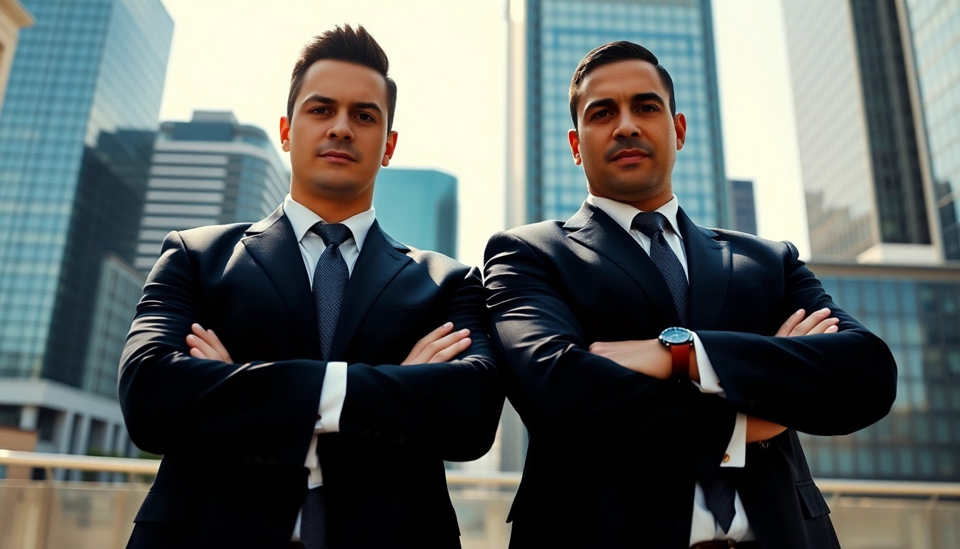 Bodyguards for hire on alert in an urban backdrop, exuding confidence and safety.