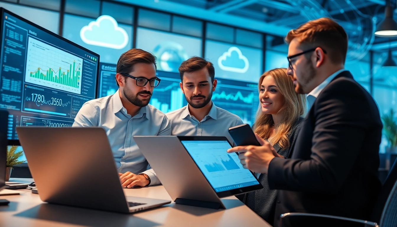 Cloud traceability software in a modern workspace with professionals analyzing data.