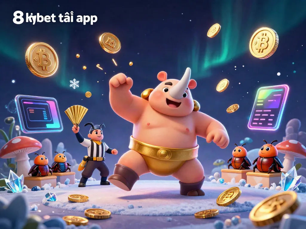 Experience the action of 8xbet tải app featuring a sumo rhinoceros beetle champion amidst flying golden coins.