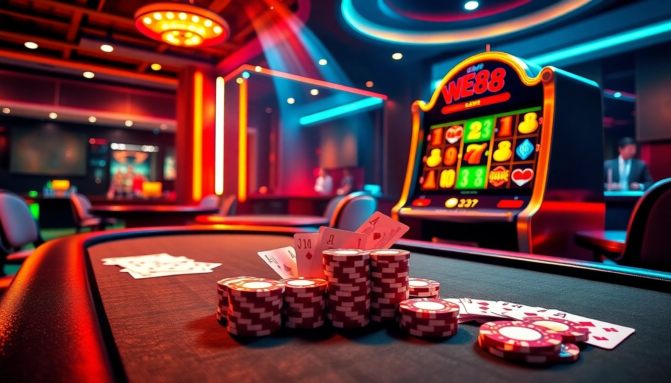 Experience the excitement of WE88 at a luxury online casino with vibrant tables and dynamic games.