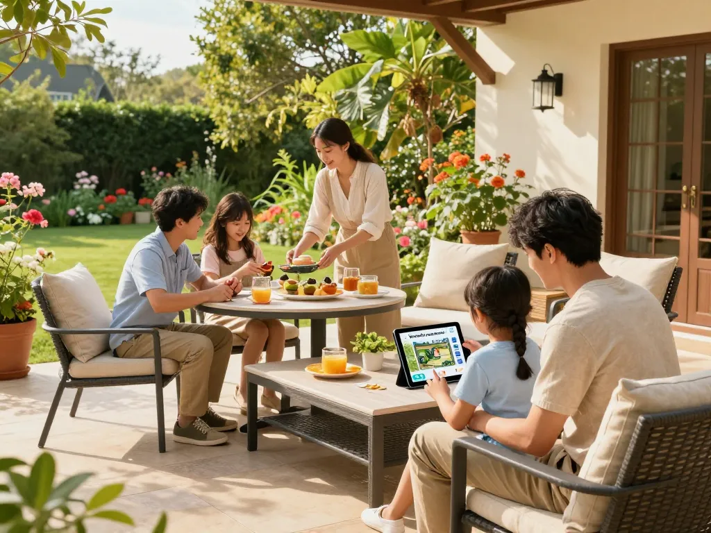 Family designing a dream outdoor area with a Veranda configurator on a sunny veranda.