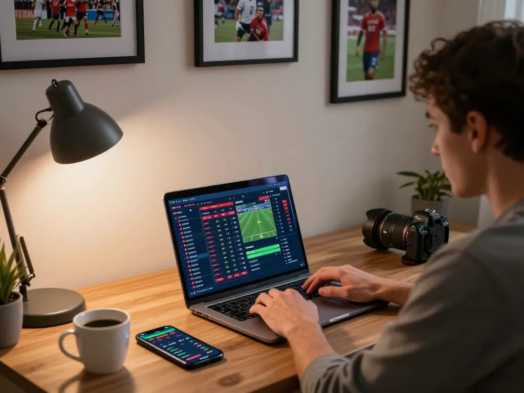 Kèo nhà cái 5 sports betting action with a user analyzing live sports scores and placing bets at home.