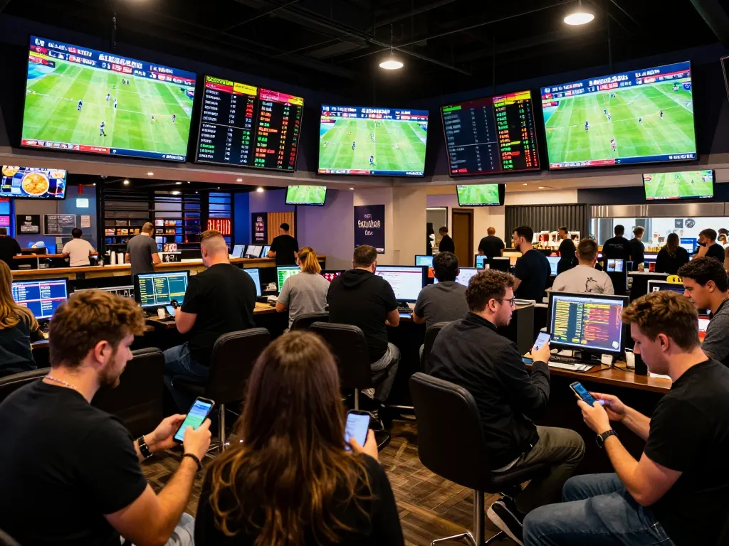 Fans engaging in sports betting at a lively venue, checking odds and placing bets, showing the excitement of soi keo nha cai.