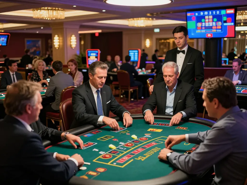 Players enjoying strategic gameplay at Nk88 casino with vibrant lighting and dealer interaction.