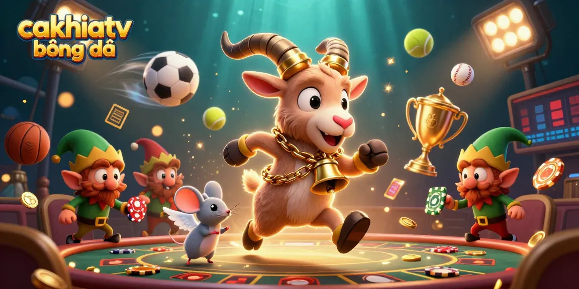 Bet on cakhiatv bóng đá with a festive casino scene featuring animated characters and dynamic sports elements.