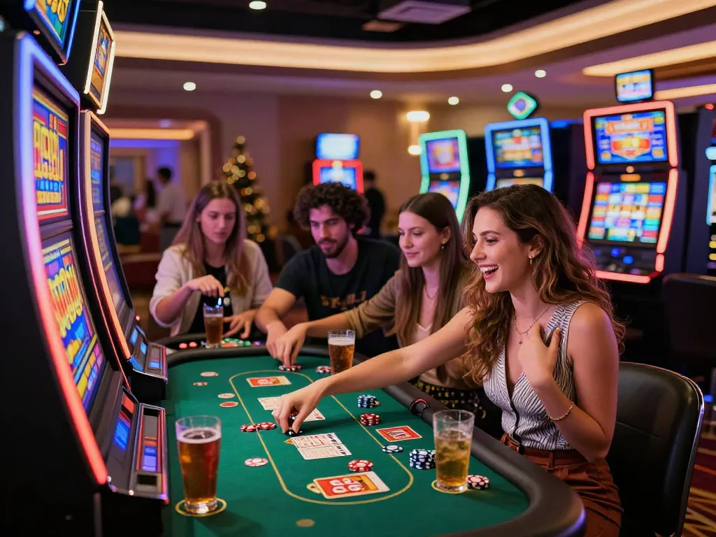 Players enjoying casinos not on GamStop with vibrant slot machines and lively interactions.