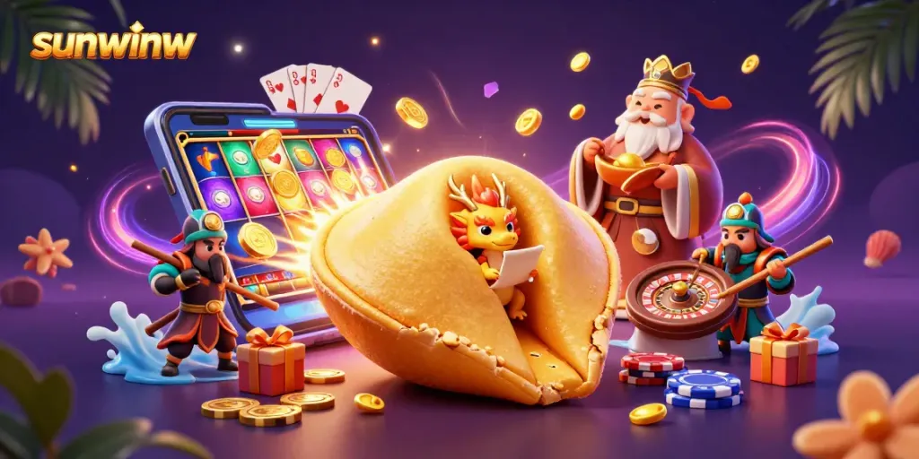 Spin to win with sunwinw in a vibrant casino scene rich in game elements and fortune.