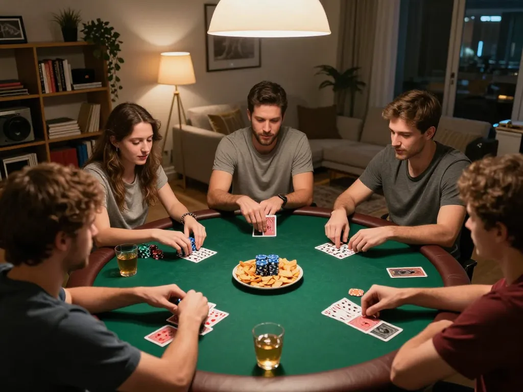 Group of friends playing poker in a cozy home setting, showcasing the thrill of free credit no deposit gaming experience.