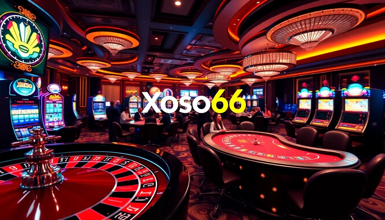 Xoso66 players enjoying vibrant casino games at luxurious tables and slot machines.
