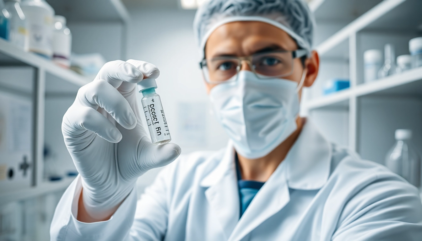 Technician showcasing Peptides UK vial in a modern laboratory with clinical precision.
