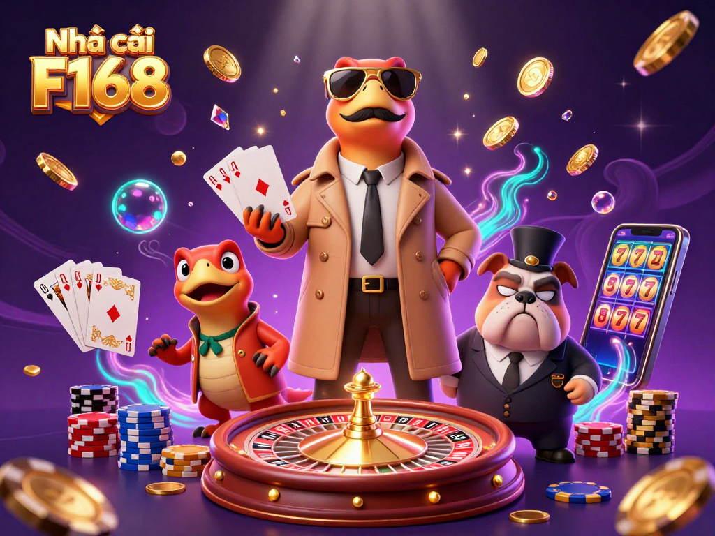 Gamble with Nhà cái F168 as dinosaurs stealthily enter a VIP casino, filled with vibrant casino elements.