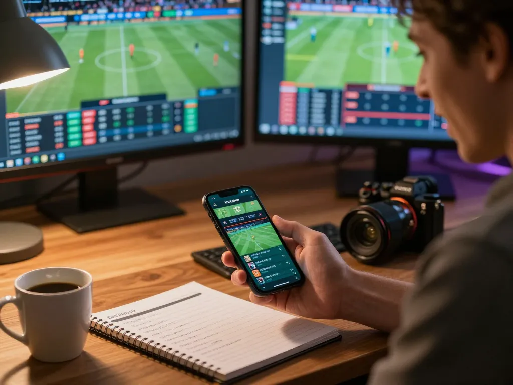 Person placing sports bets on smartphone at home desk, showcasing excitement and strategy with 057789 app.