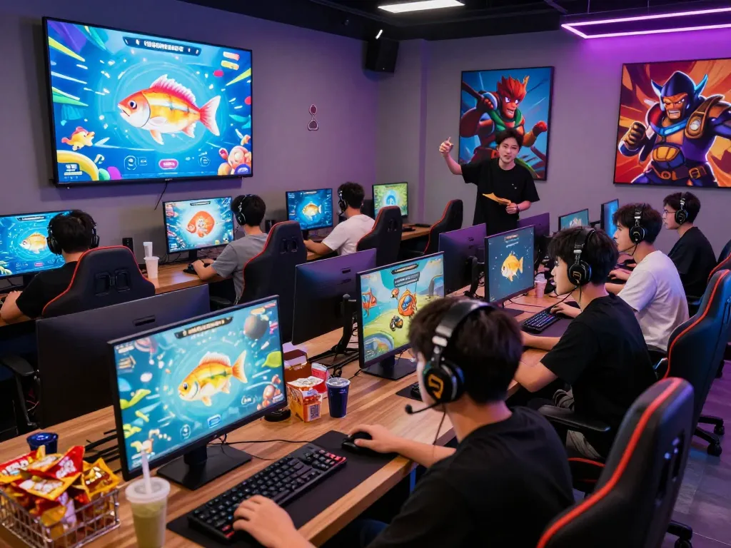 Exciting online gaming scene showcasing Fun79.vip players enjoying vibrant fishing games in a modern lounge.